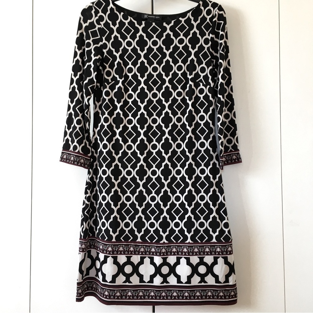 INC International Concepts Black White Geometry Long Sleeve Pullover Shift Dress